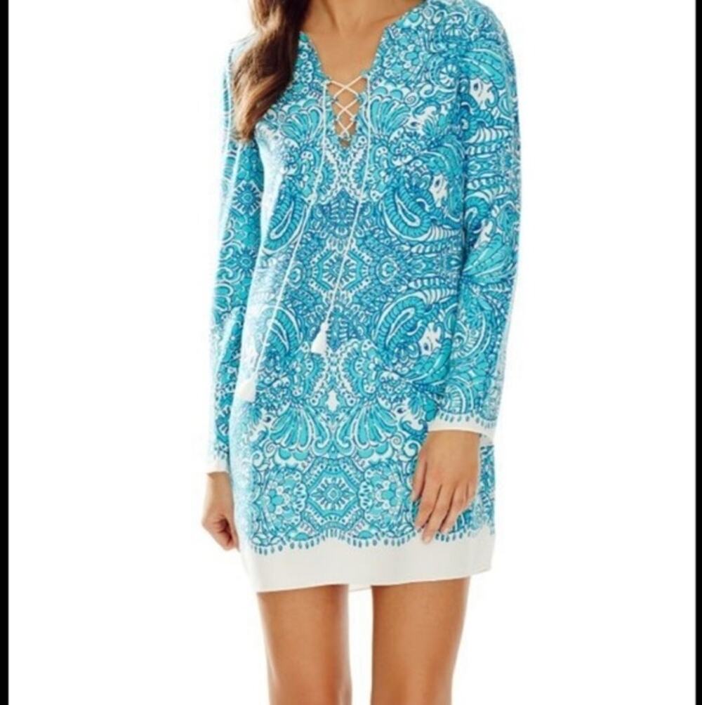 NWT Lilly Pulitzer Ashby Tunic Dress Blue sz M Resortwear Tropical Coastal Boho